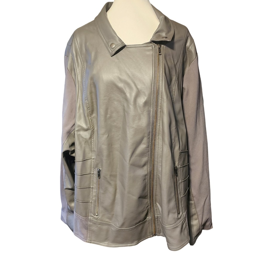 Torrid Womens Plus Size 6 Grey Faux Leather Mixed Media Moto Jacket Zip Up